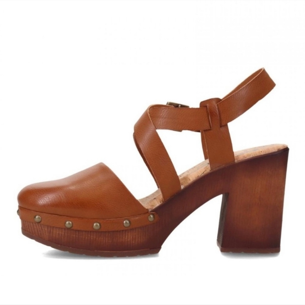KORKS WENDY STRAPPY STUDDED CHUNKY HEEL CLOGS IN COGNAC BROWN TAN Sz 10 BNIB